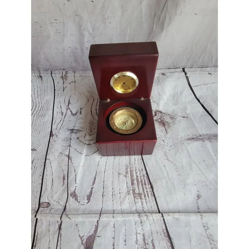 Vintage Navigator Clock & Compass Encased in Hinged Mahogany Wooden Box Untested